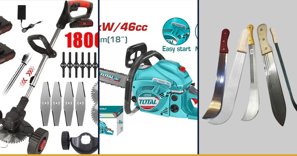 Brush cutter, chain saw and panga for clearing land in Kenya