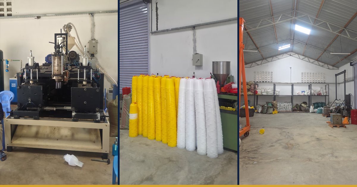 The Fuga blow moulding machine, moulded drinker and feeder stock, and the finished goods warehouse