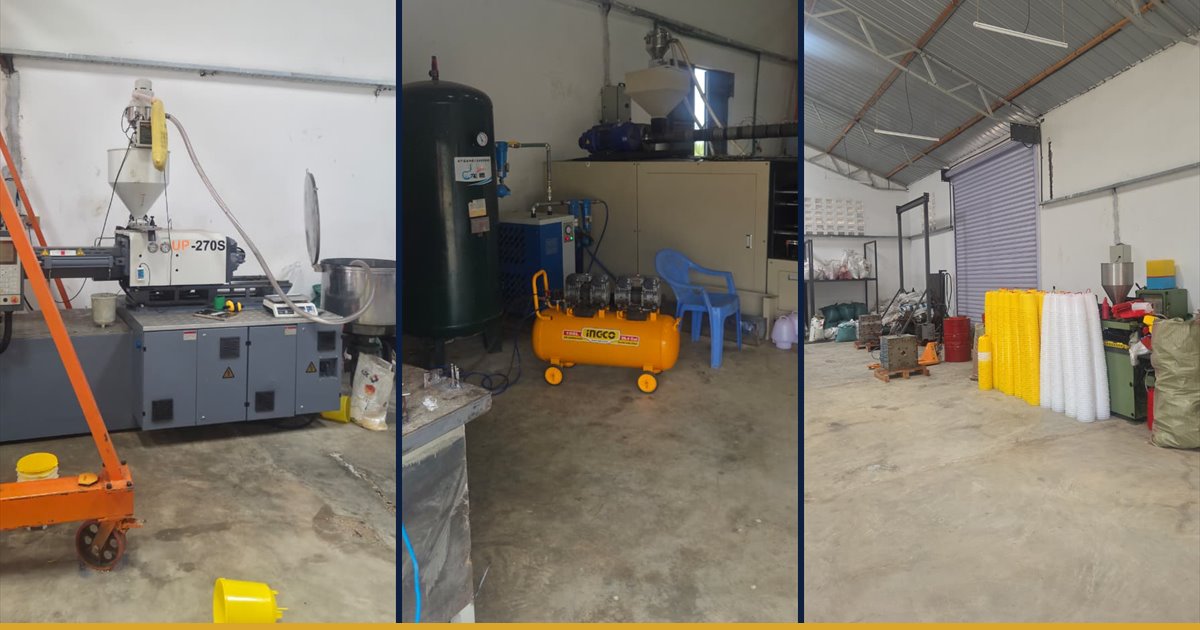 The Fuga injection moulding machine, the compressed air plant that feeds the moulding line, and the production floor