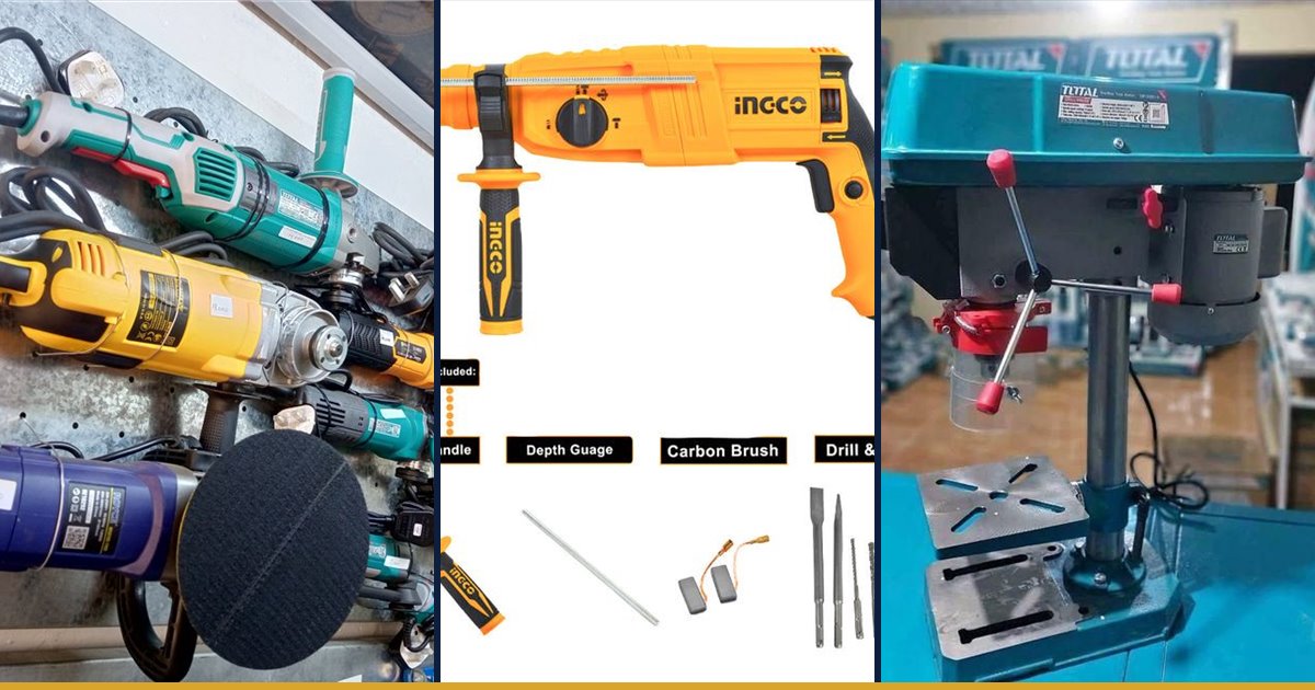 Angle grinders on a display wall, an SDS-Plus rotary hammer with its chisels and drill bits, and a bench drill press in a Fuga showroom