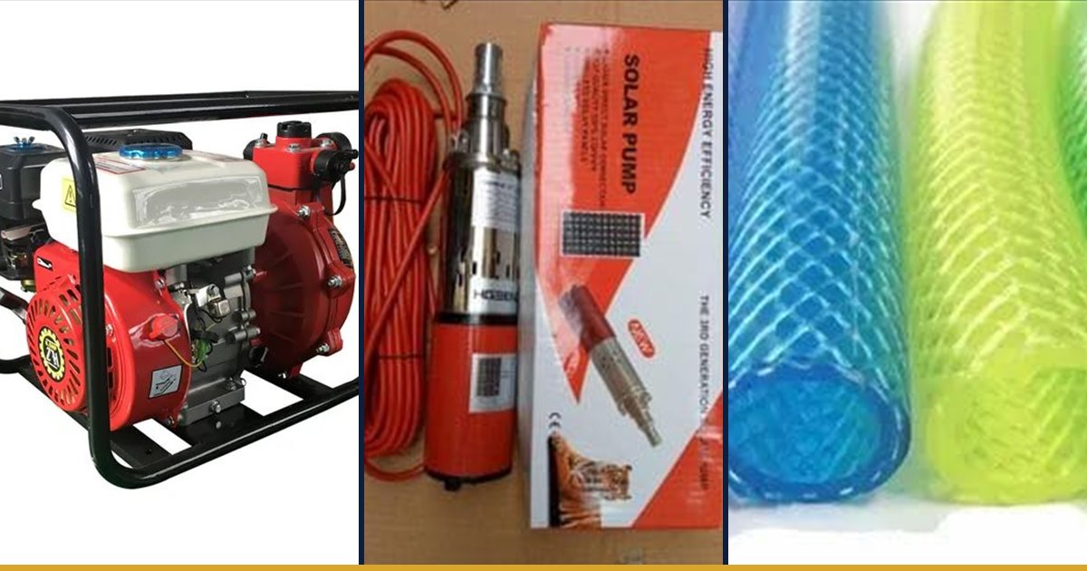 A petrol driven surface pump, a submersible solar pump with its cable, and delivery hose stocked by Fuga Equipment