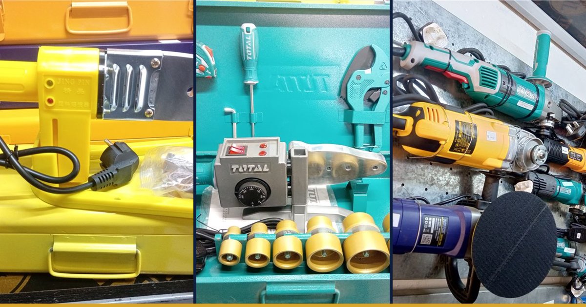 Welding and metal working equipment on display at a Fuga Equipment branch, including welding kits, cutters and angle grinders